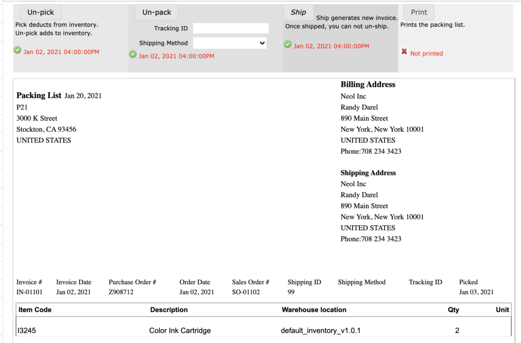 Order Packing List Inventory