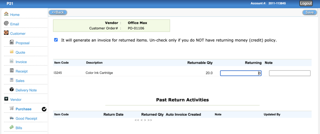 Returning items bought using PO
